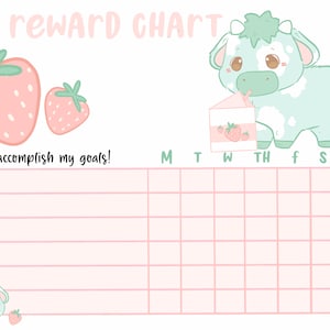 Pastel Kawaii Strawberry Cow Beloningstabel voor kinderen, afdrukbaar gedrag en sticker c