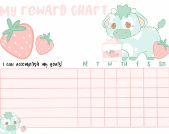 Pastel Kawaii Strawberry Cow Reward Chart for Kids, Printable Behavior and Sticker c