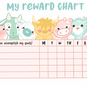 Pastel farm reward chart for kids, cute animals printable kids chore and sticker chart
