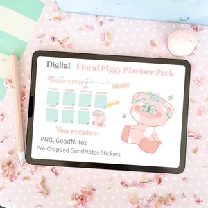 Floral Pig Kawaii Pack for Digital Planner Pink GoodNotes5 Pre-cropped Stickers PNG Stickers iPad Stickers Cute Digital Planning image 2