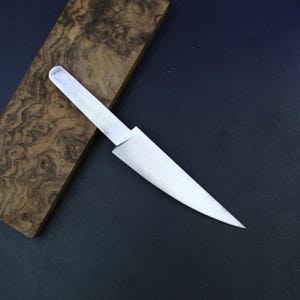 May include: A stainless steel knife blade with a sharp point, lying on a dark surface beside a piece of wood with a distinctive grain. The blade has a rectangular tang and a long, tapered cutting edge.