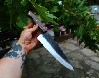 Hand Forged Japanese SK5 Carbon Steel Gyuto Chef Knife 210mm | Custom Turkish Walnut Handle - Handcrafted Rustic Hammered Kitchen Knife