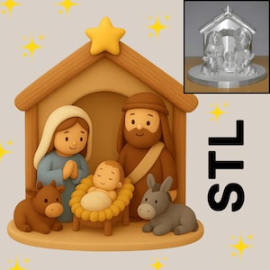 May include: A colorful, cartoon-style nativity scene featuring Mary, Joseph, baby Jesus, a cow, and a donkey. The scene is set inside a wooden stable with a star on top. A smaller, metallic nativity scene is in the upper right corner.