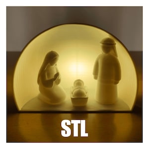 May include: A cream-colored nativity scene with Mary, Joseph, and baby Jesus inside a glowing, semi-circular structure. The word "STL" is printed in white at the bottom. The figures are simple and stylized.
