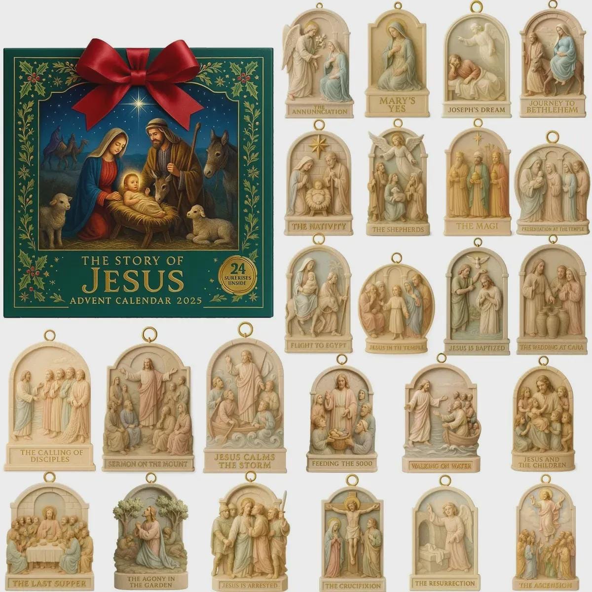 Discover The Story of Jesus Advent Calendar 2025, 24 Day Life of Christ Ornament Set, Nativity & Bible Story Collector Gift