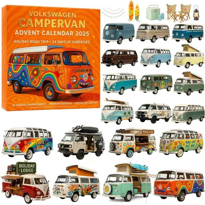Discover Volkswagen Campervan Advent Calendar 2025, 24 Days of Vintage VW Bus Models, Holiday Road Trip Gift for Hippie Travelers and Fans