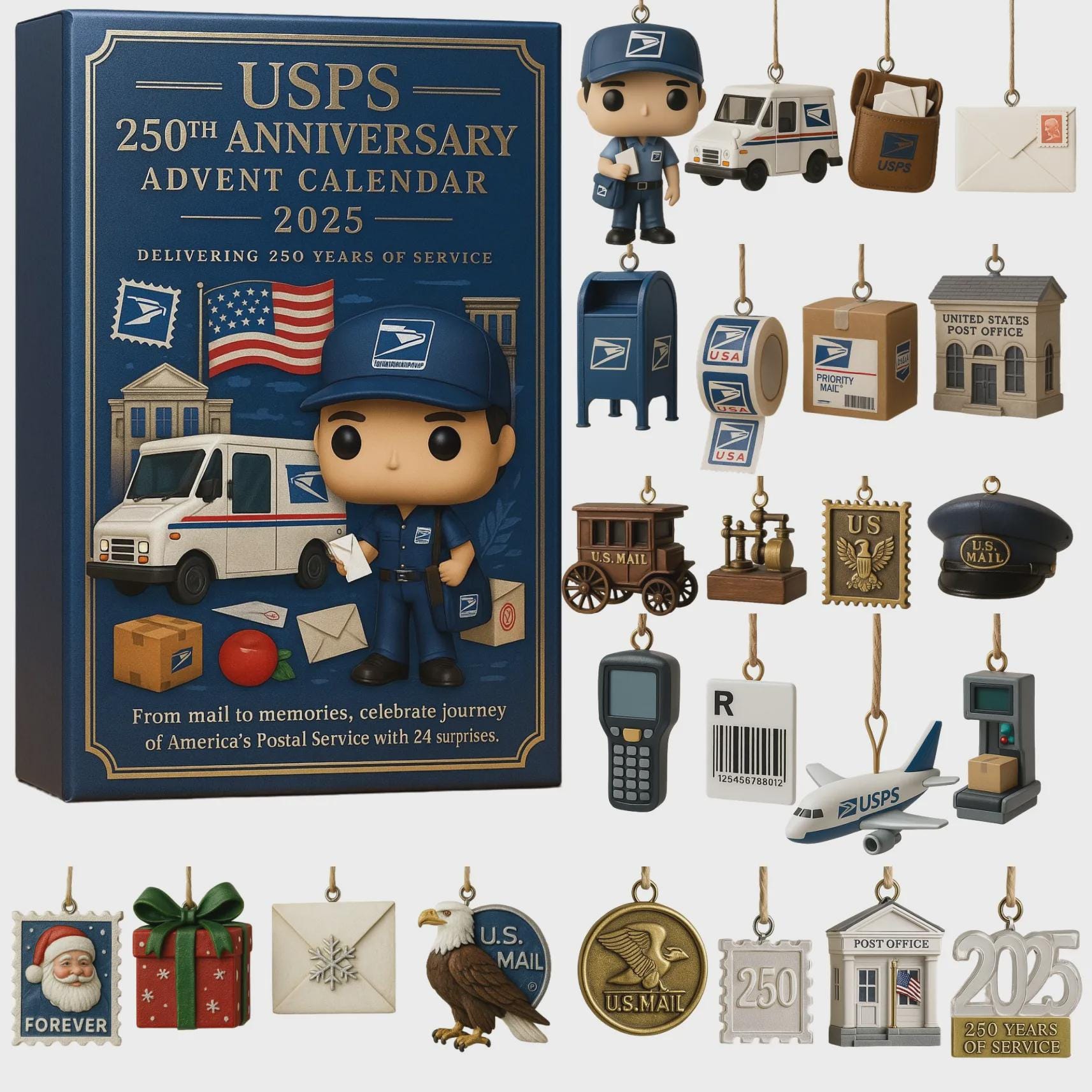 Discover Postal Service 250th Anniversary Advent Calendar 2025, 24 Day Post Office & Mail Carrier Ornament Set, Postal Worker Collector Gift