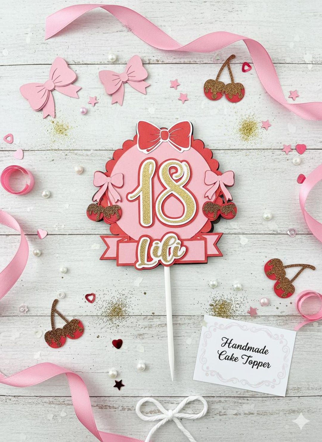 Personalised 18th Birthday Cake Topper | Pink & Gold Glitter Cherry - Etsy