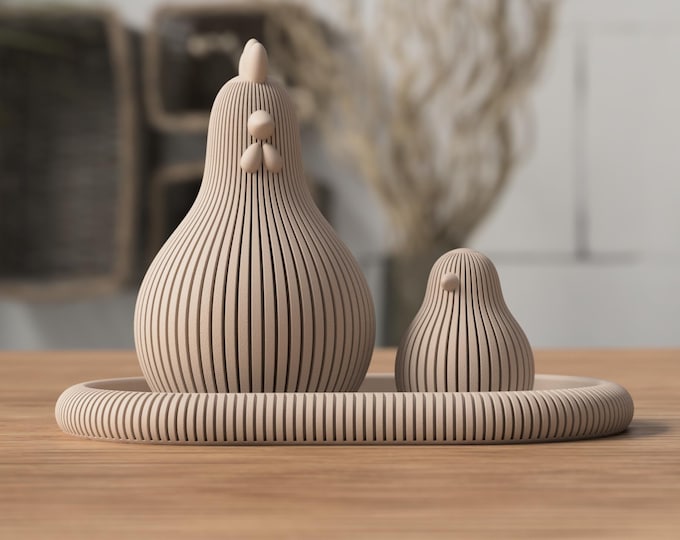 Modern Easter Chicken & Chick Set • 3D Printed Japandi Spring Figurines, Ribbed Scandinavian Easter Gift.
