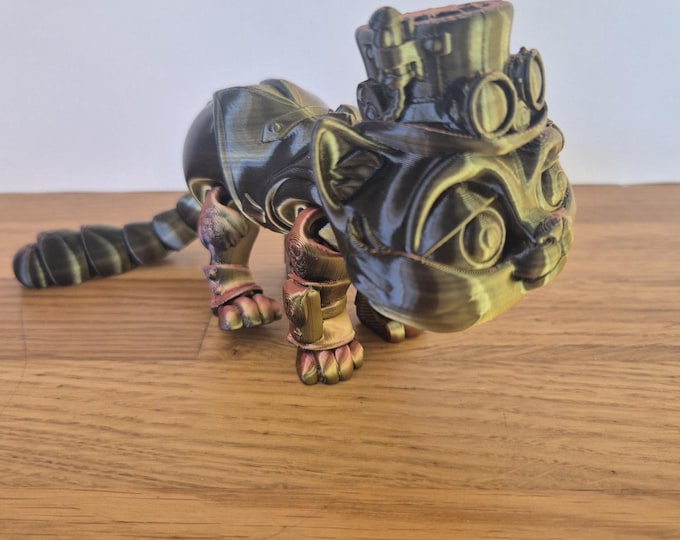 3D Printed Steam Punk Cat Flexi Model: Quirky Figurine