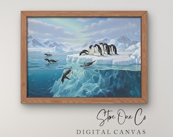 Belleza congelada, familia de pingüinos sobre hielo, arte digital para pared de TV