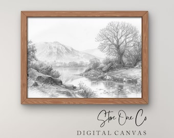 Paisaje rústico de lago, boceto a lápiz, arte para televisión, dibujo de bosque estilo vintage, impresión digital, descarga digital instantánea
