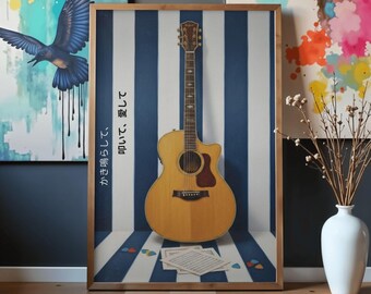 Póster musical de guitarra japonesa para colgar en la pared, arte mural 3D moderno, descarga digital imprimible.