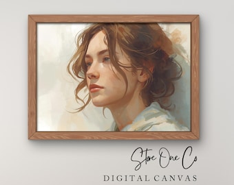 Arte de TV con pintura de retrato suave, arte de TV con marco digital femenino moderno, pantalla de TV con retrato neutro cálido, descarga digital instantánea