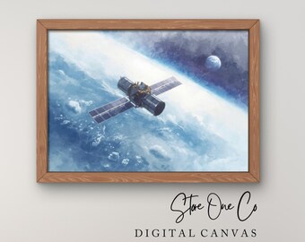 Arte de pantalla de TV digital con satélite espacial, vista cósmica de la Tierra, ilustraciones para pantalla de TV enmarcada, descarga digital instantánea