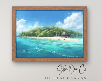 Arte para TV con vista al mar, decoración digital de isla costera de verano, pintura con vista al mar para exhibición digital, descarga digital instantánea