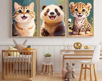 Paquete de pósteres de animales del bosque para decoración de paredes, láminas maximalistas con temática de safari para guardería, pósteres de pared modernos y productos digitales.