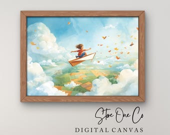Póster de ensueño con alas para habitación de niños, papel tapiz digital Dreamescape Whisperical.