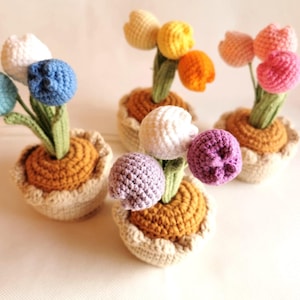 Blumentopf aus gehäkeltem Hauptteil – dekorative Tulpen in Rosa, Violett, Orange oder Blau – eine handgefertigte Geschenkidee für Frauen oder Freunde