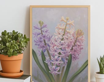 ヒヤシンスの花瓶の水彩画：春の花のアートプリント（デジタル