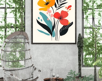 Colorful Floral Bouquet Wall Art Abstract Botanical Print Matisse Style Digital Download Printable 300dpi Digital Download for Home Decor