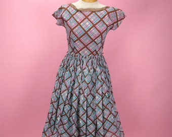 1950's Lattice Print Plaid Garden Party Dress Size Small