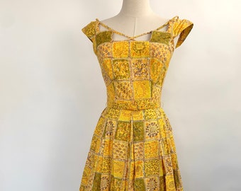 1950s Nat Kaplan Cotton Party Dress: Yellow Quilted Full Skirt, Cage Neckline