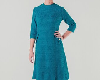 1950's 1960s Teal Blue Boucle Wool Dress