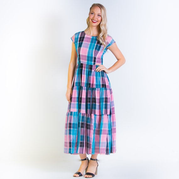 1940's Plaid Taffeta Tiered Skirt Maxi Dress 40's