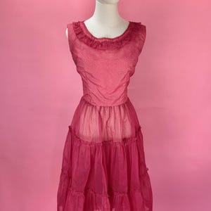 1950’s Sheer Raspberry Swiss Dot Ruffled Party Dress