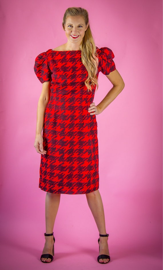 1950's 1960s Houndstooth Puffed Shoulders Pencil S