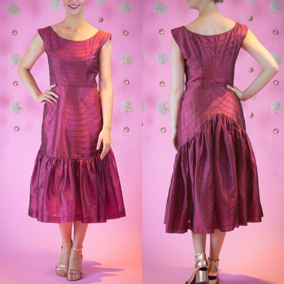 1950's Burgandy Organza Cocktail Dress 50s Vintage