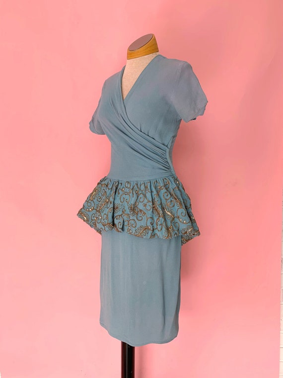 1940’s Rayon Crepe Cocktail Dress Sequin Peplum Wr