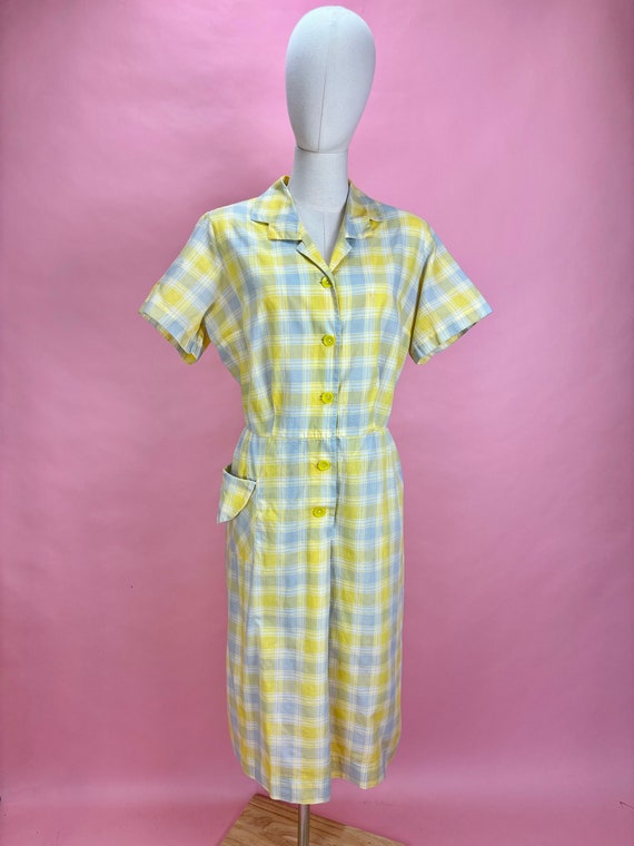 1950’s Yellow Plaid Cotton Shirtwaist Dress XL