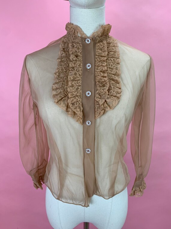 1950’s Sheer Ruffle Tuxedo Brown Blouse