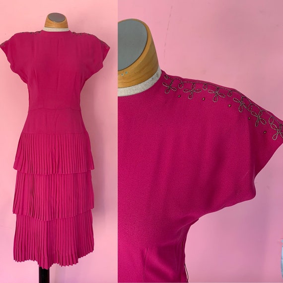 1940’s Fuchsia Pink Rayon Dress 40's Cocktail Dres