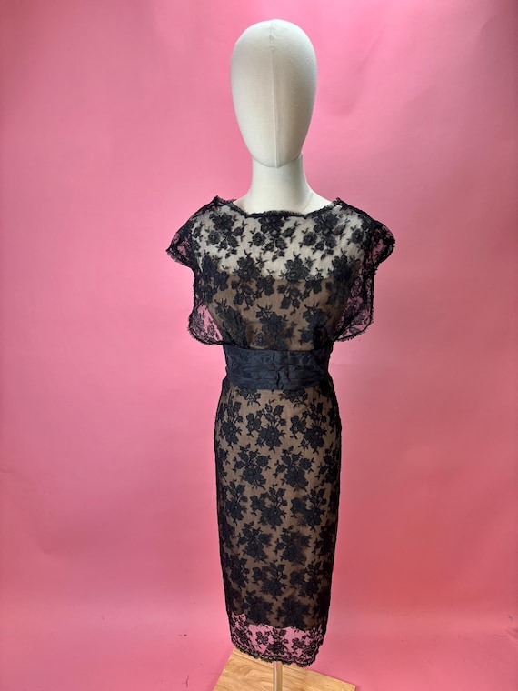 1950’s Lace Illusion Wiggle Cocktail Dress - image 1