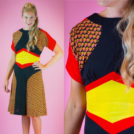 1970's does 1940's Color Block Strawberry Print De