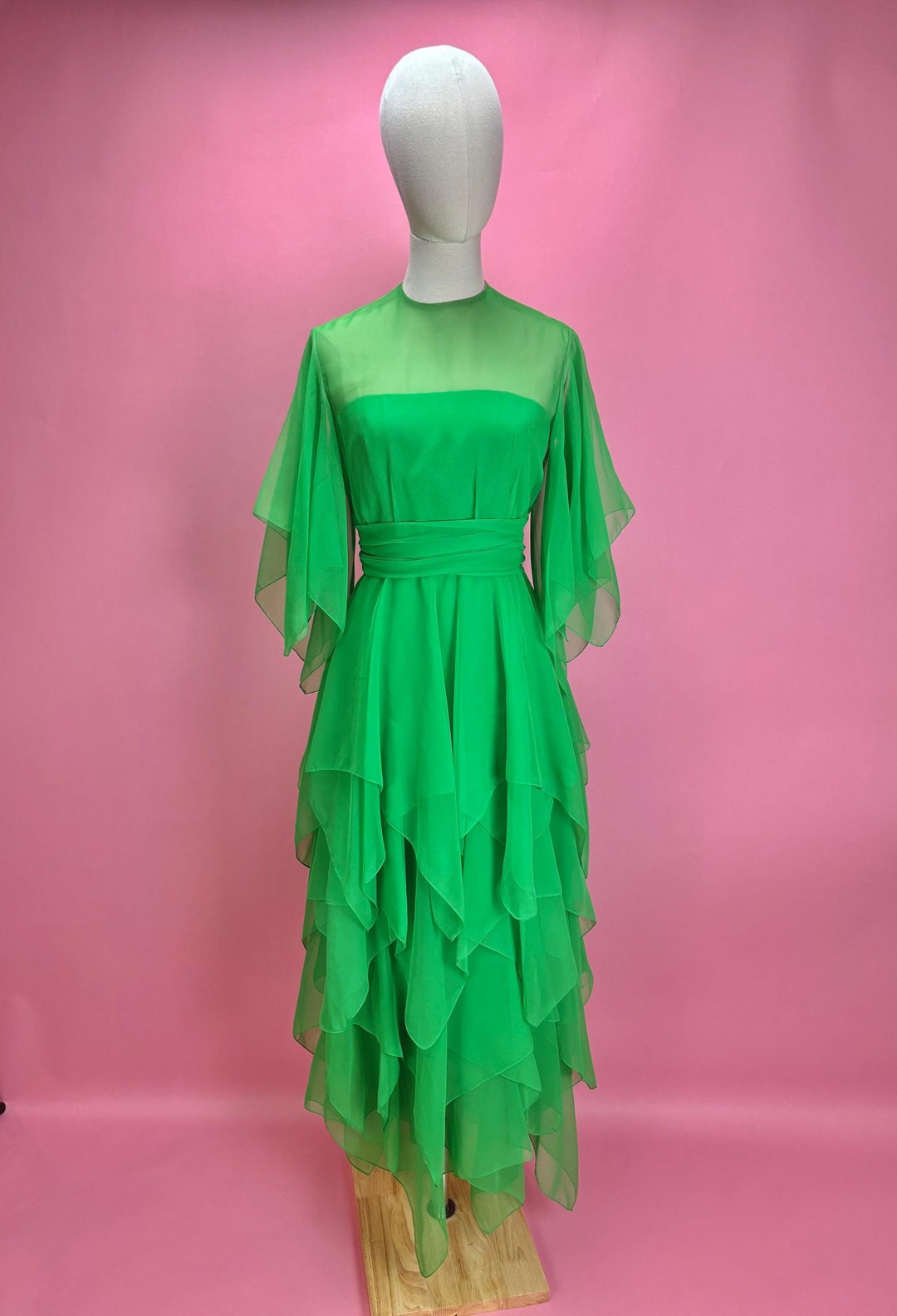 1970’s Green Chiffon Handkerchief Ruffled Kiki Hart Full Length Gown - Etsy