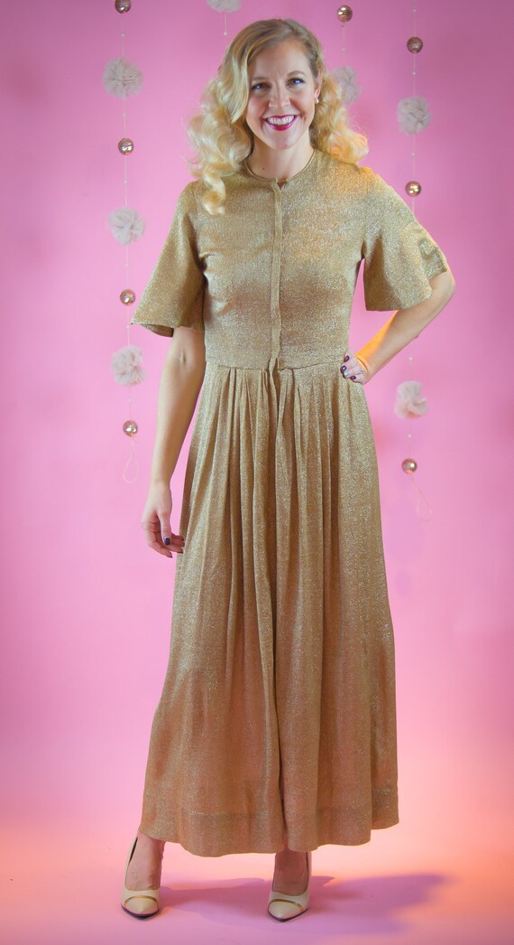 1960's Metallic Gold Lurex Bell Sleeve Full Length