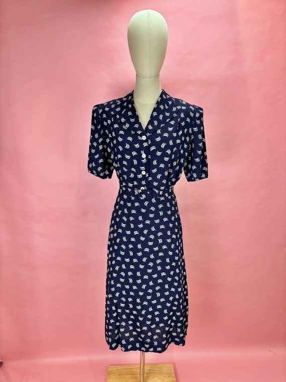 1940's Navy Blue rayon Crown print Day Dress Size 