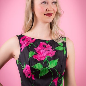 1950's Roses Print Black Satin Cocktail Dress 50's Pink Roses image 3