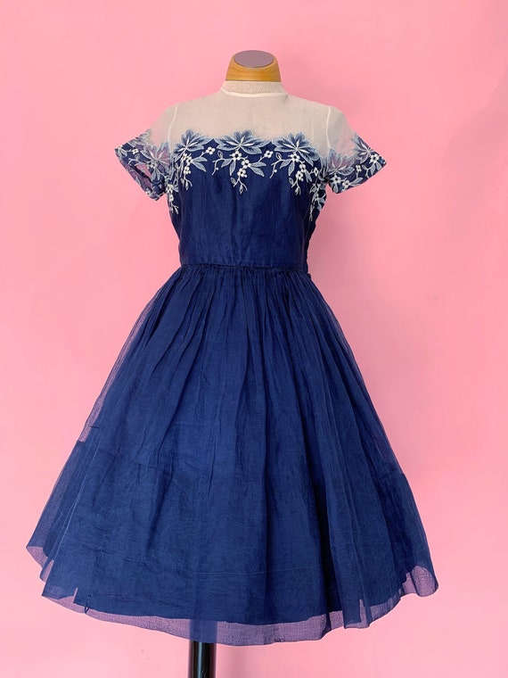 1950’s Carlye Party Dress Navy Floral Full Skirt I