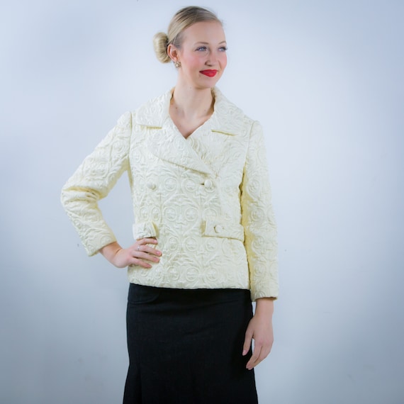 1960's 60s Teal Traina Cream Trapunto Brocade Sati