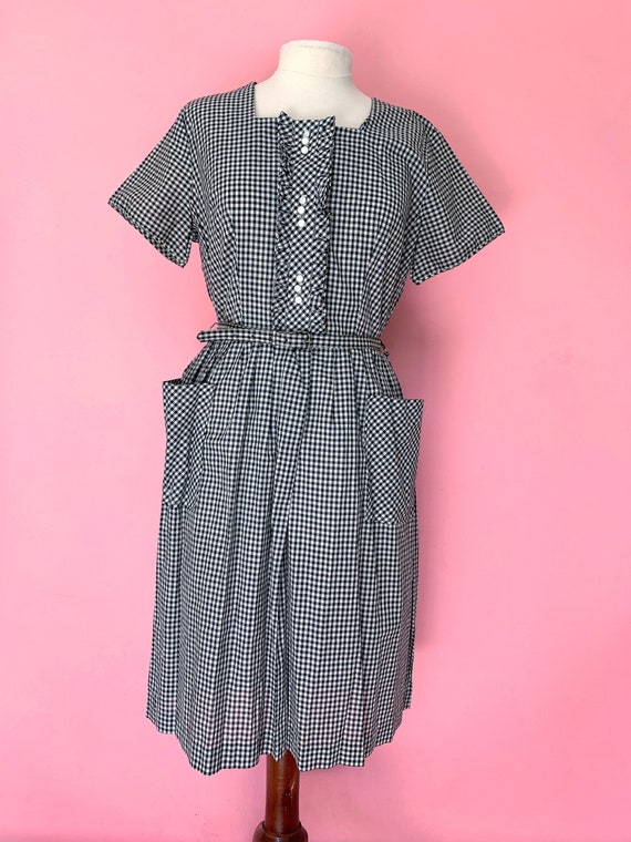 1950's 1960's Black and White Gingham Day Dress si