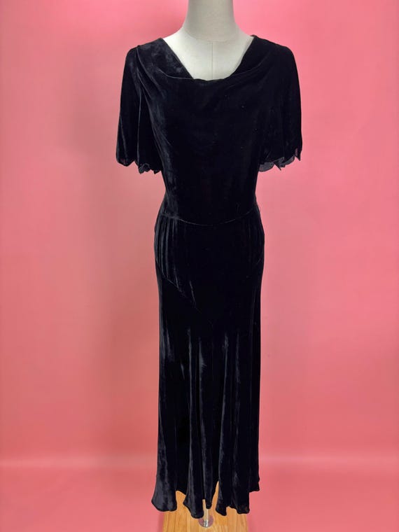 1930’s Black Velvet Evening Gown with Flutter Sleeves - Gem