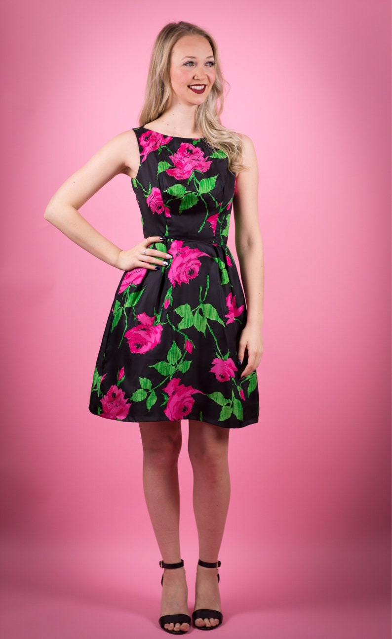 1950's Roses Print Black Satin Cocktail Dress 50's Pink Roses image 1