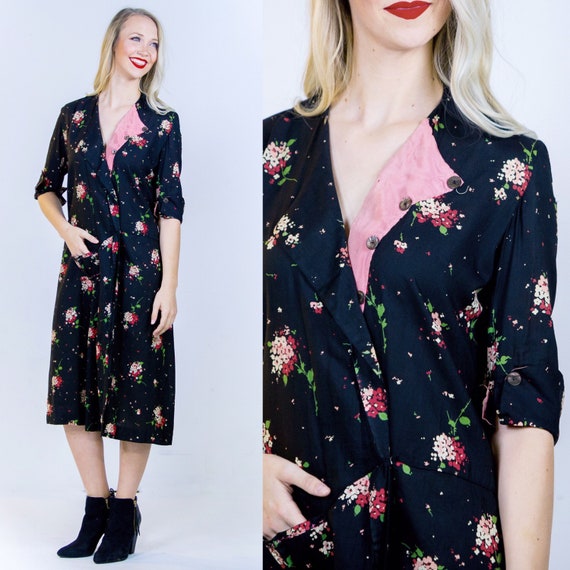 1920's Black Floral Robe 20's Pattern Wrap Dress