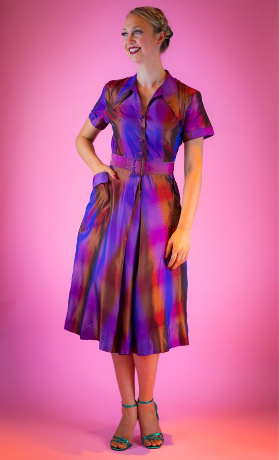 1940's Plaid Taffeta Shirtwaist Day Dress 40s 1950
