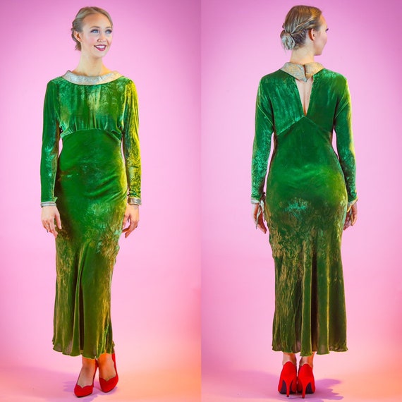 1930s Arsenic Green Velvet Evening Gown 30's Dress